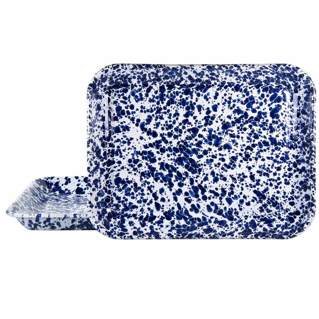 Set of two rustic spatterware enamelware quarter sheet trays with stainless steel rims.