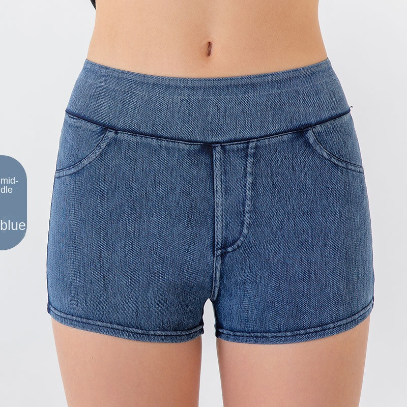 Denim-Look High-Waist Hip-Lifting Yoga Shorts Tummy Control