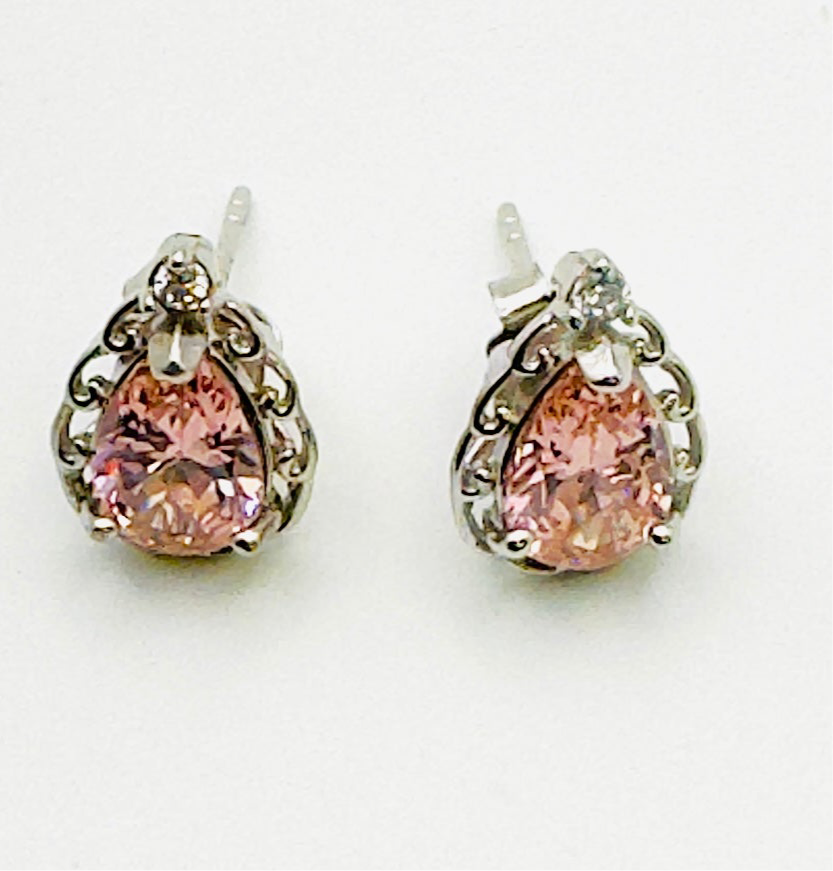 Rhodium Plated Teardrop Silver Pink CZ Stud Earrings - Hypoallergenic Luxury Jewelry