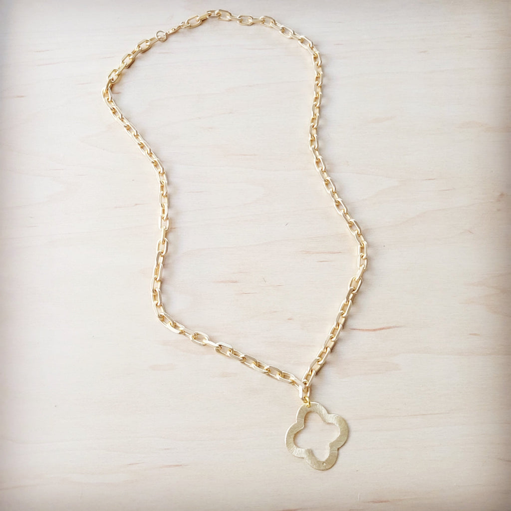 Matte Gold Small Quatrefoil Pendant Necklace Minimalist Jewelry - Image 3