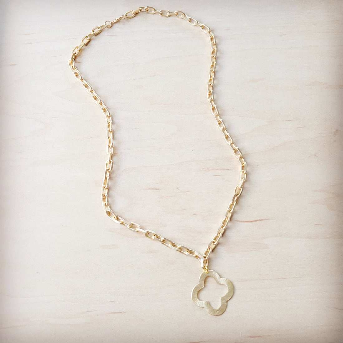 Matte Gold Small Quatrefoil Pendant Necklace Minimalist Jewelry - Image 3