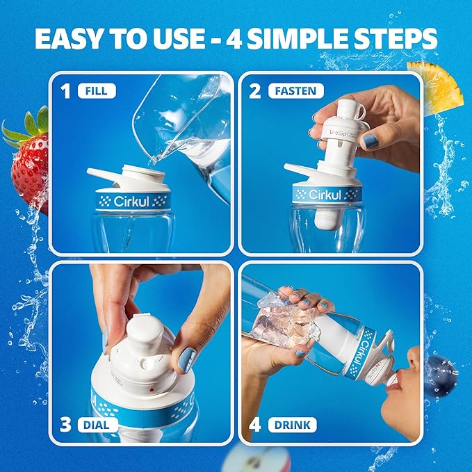 Cirkul 12oz. BPA-Free Plastic Water Bottle Starter Kit for Kids with Blue Lid, 2 Flavor Cartridges (1 LifeSip Fruit Punch, 1 FitSip Mixed Berry), No Sugar, Zero Calorie Drink Mix
