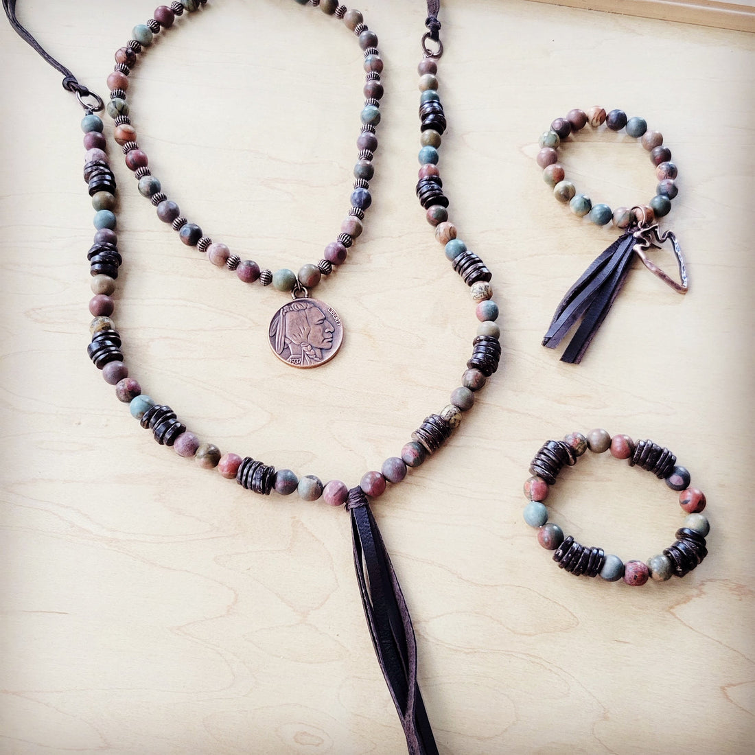 **Picasso Jasper Necklace with Wood Beads and Leather Tassel 261i
