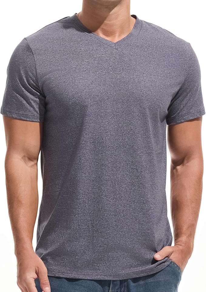 Close up of a men's premium V-neck t-shirt showing the fitted fabric texture and neckline detail.