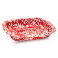 Red Swirl 3qt rectangular enamelware baking pan with stainless steel trim.