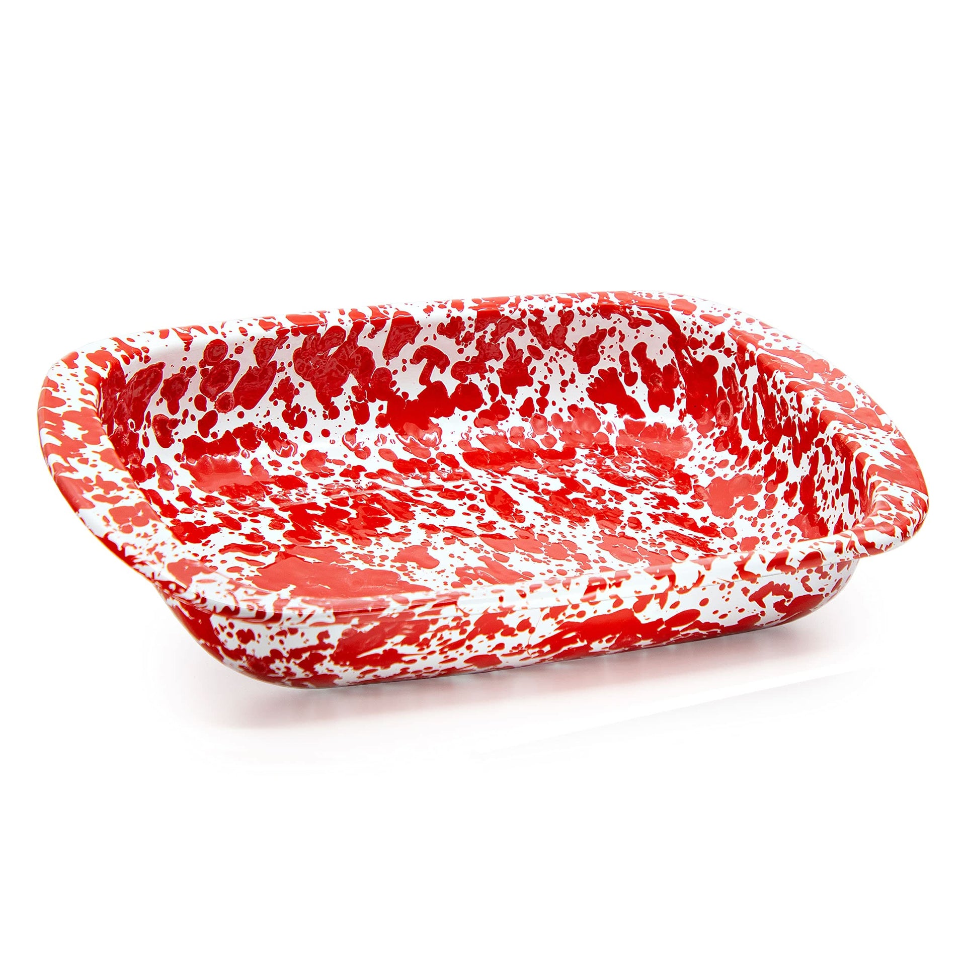 Red Swirl 3qt rectangular enamelware baking pan with stainless steel trim.