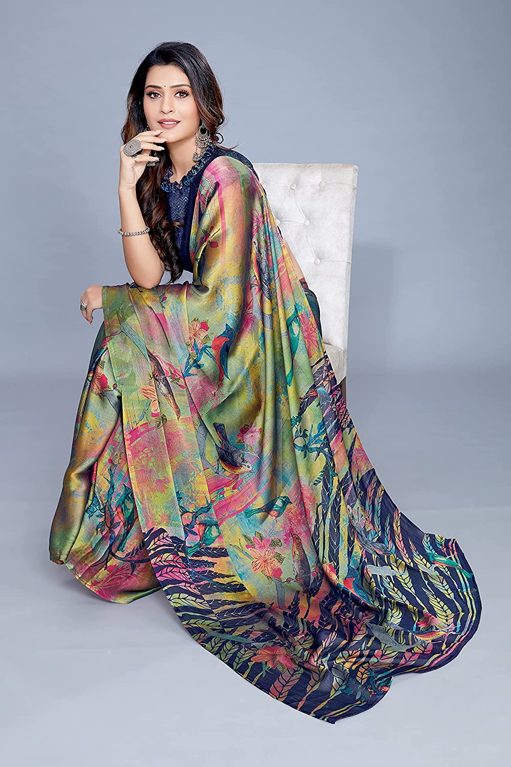 Women's Chiffon Forest Floral Designer Saree with Chevron Blouse