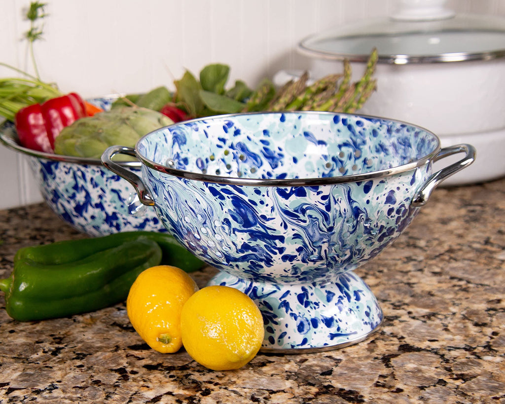3 Quart Enamelware Colander in Blue and White Splatter Pattern