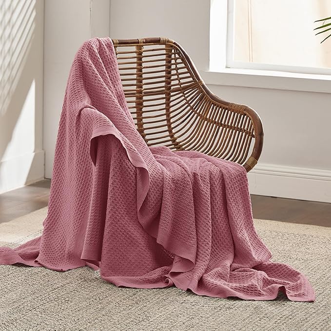 Bedsure 100% Cotton Blanket Twin XL Size for College Dorm - Breathable and Soft, Waffle Weave Twin Blanket for Summer, Dorm Room Essentials, Dusty Rose, 66x90 inches