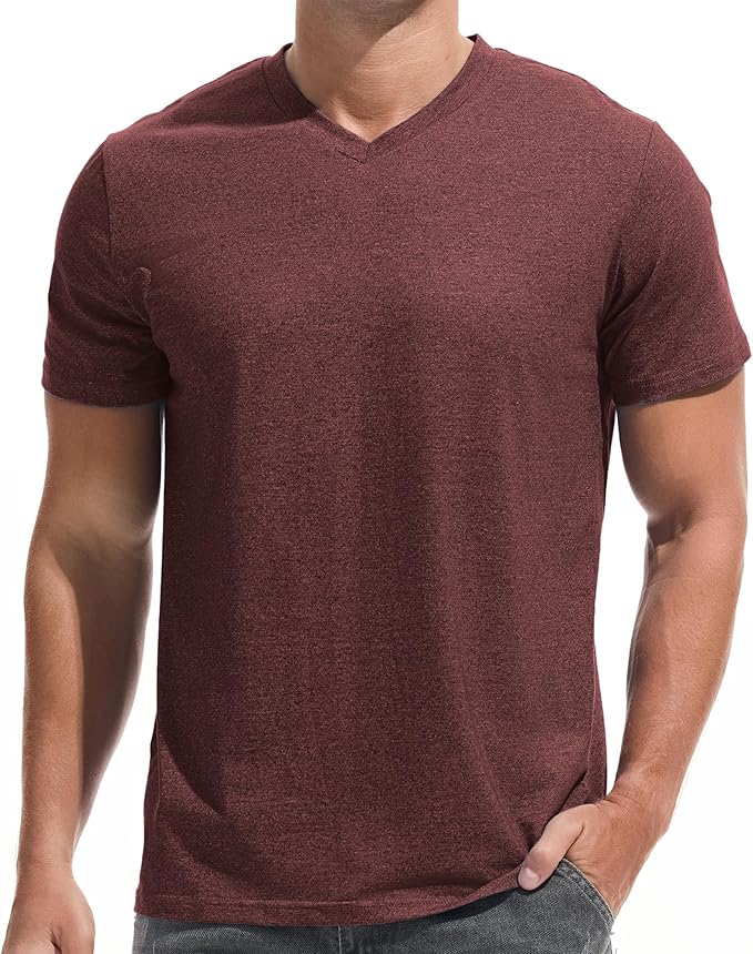 Close up of a men's premium V-neck t-shirt showing the fitted fabric texture and neckline detail.