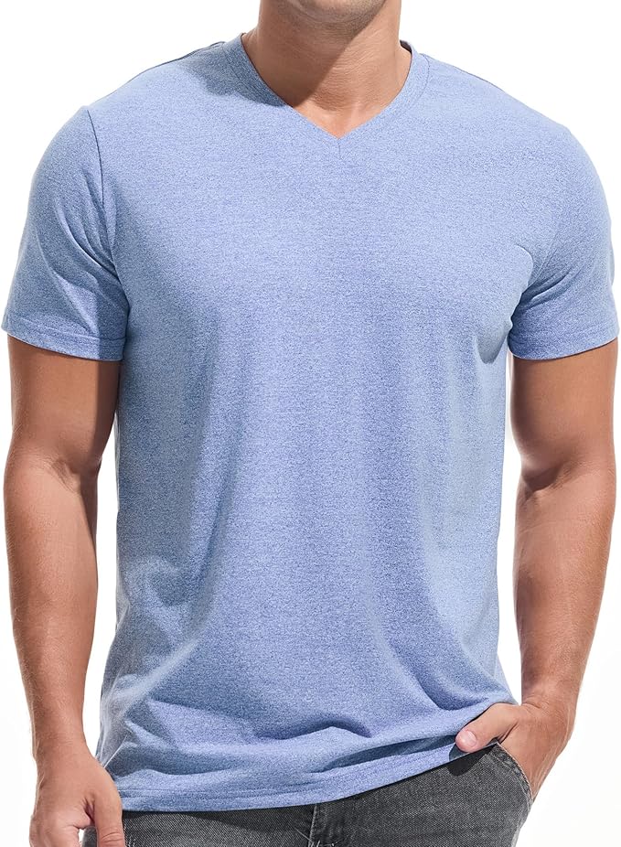 A man wearing a premium fitted modern V-neck t-shirt in a neutral color, showcasing the form-fitting cut.