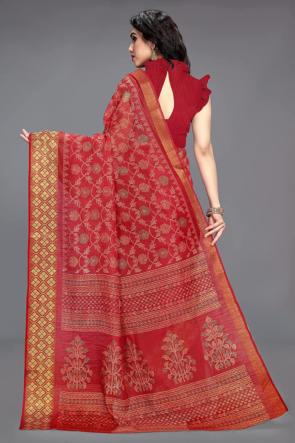 Women's Red and Yellow Kalamkari Printed Cotton Blend Saree