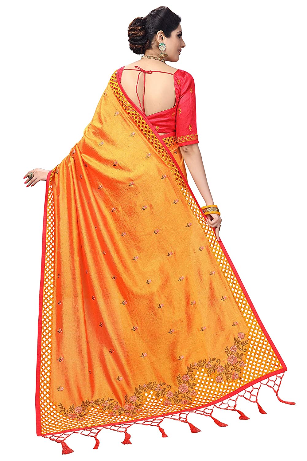 Orange and Pink Satin Silk Blend Ready to Wear Saree