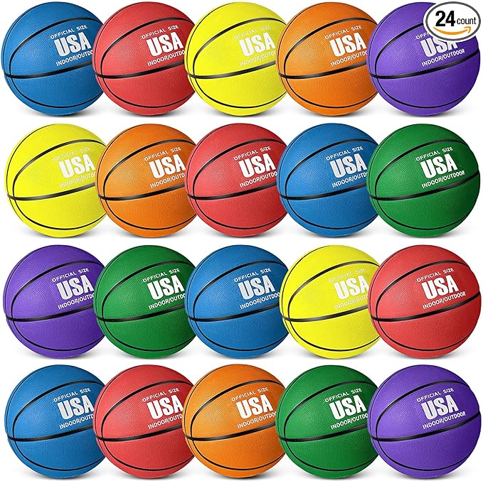Libima 24 Pcs Rubber Basketballs Bulk with Pump Official Size Multicolor Basket Balls Youth Streetballs Set for Adult Boys Girls Gifts Indoor Outdoor Training Practice