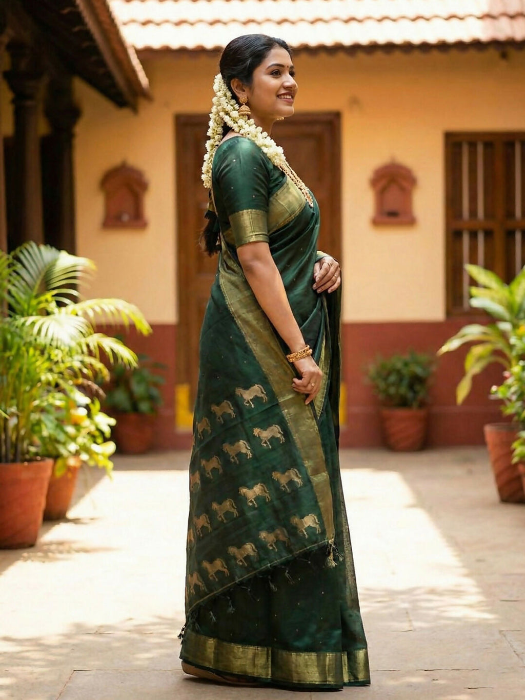 Bottle Green Soft Silk Saree with Matching Blouse