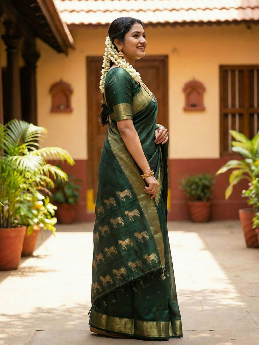 Bottle Green Soft Silk Saree with Matching Blouse