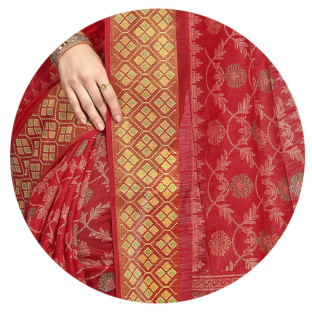 Women's Red and Yellow Kalamkari Printed Cotton Blend Saree