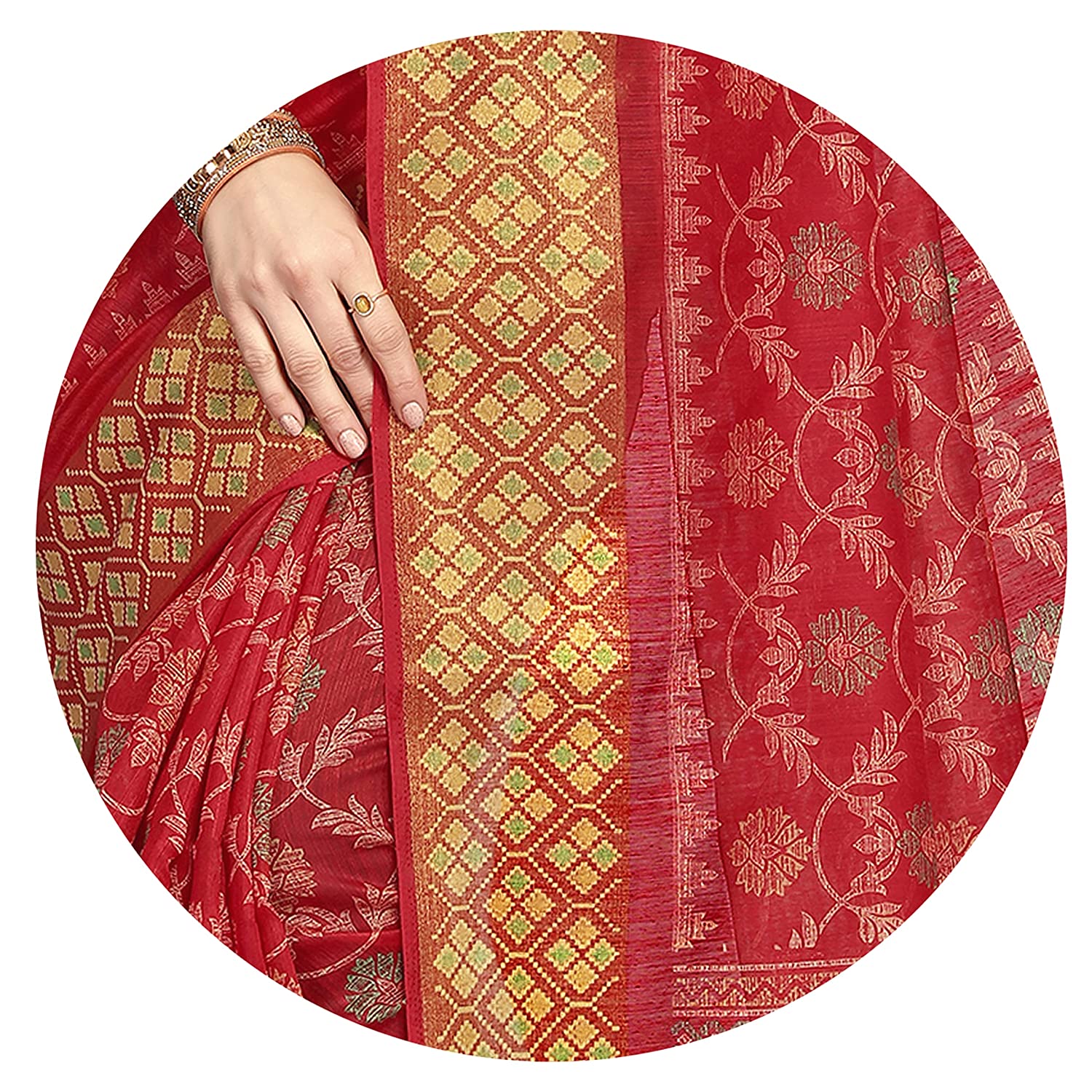 Women's Red and Yellow Kalamkari Printed Cotton Blend Saree