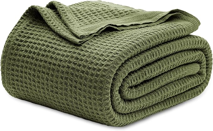 Bedsure 100% Cotton Blanket Queen Size for Bed - Breathable and Soft, Waffle Weave Blanket for Summer, Thick Cozy Fall Blankets for Women Gift, Olive Green, 90x90 Inches