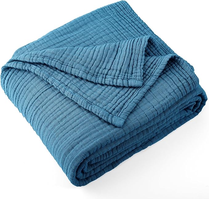 Carriediosa 100% Cotton Muslin Throw Blanket 90" X 90" Queen Size，4-Layers Summer Gauze Throws for Bed Couch，Soft Lightweight Breathable Linen Blankets Bedspread for Adults All Season，Dusty Blue