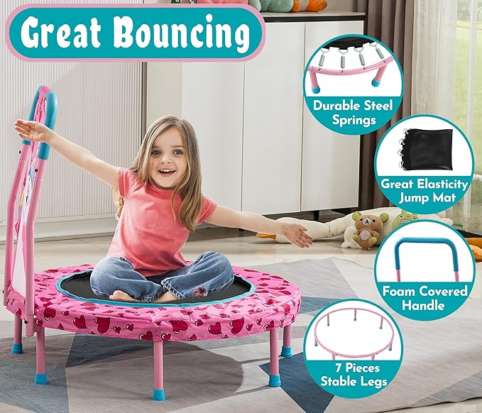 36-inch Kids Mini Trampoline with Handlebar and Safety No-Gap Design