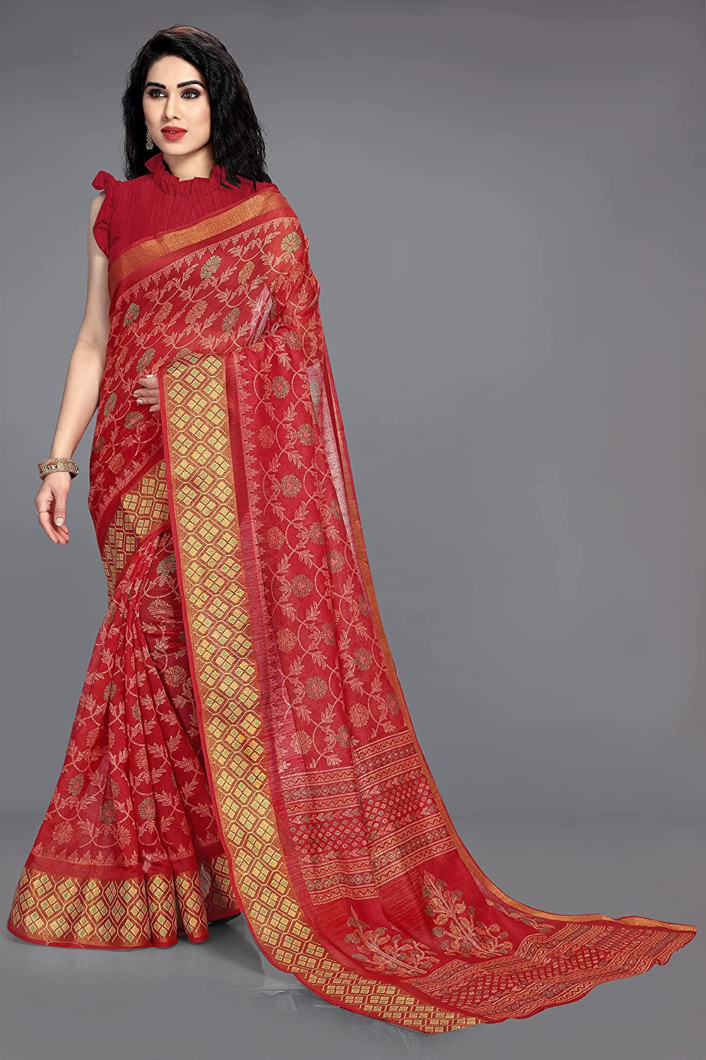 Women's Red and Yellow Kalamkari Printed Cotton Blend Saree
