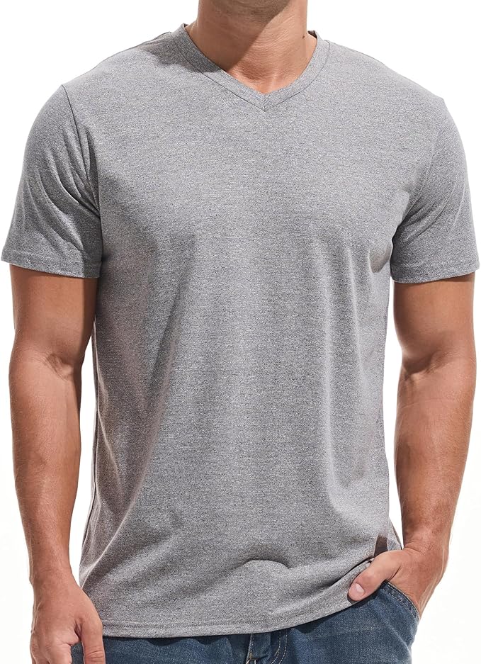 Close up of a men's premium V-neck t-shirt showing the fitted fabric texture and neckline detail.