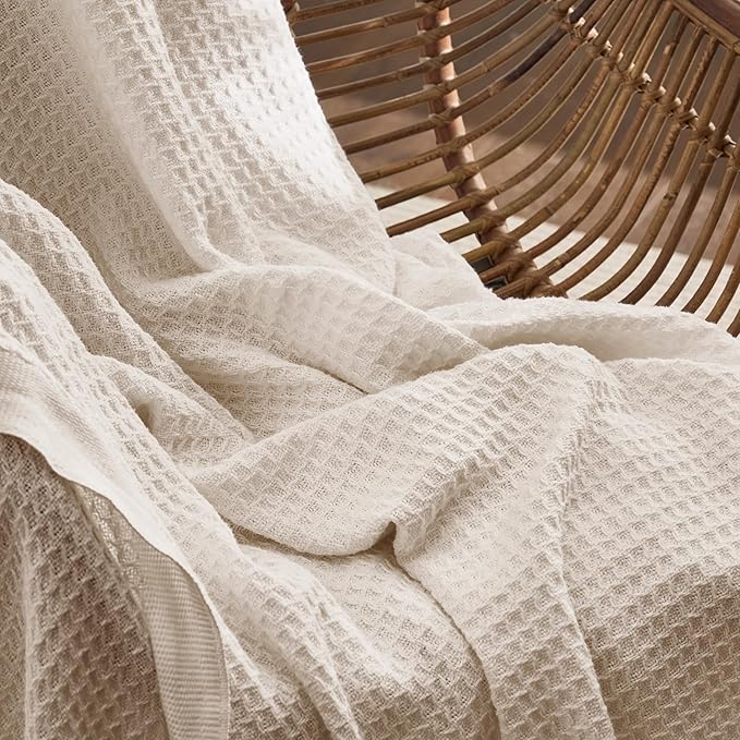 Bedsure 100% Cotton Blanket King Size for Bed - Breathable and Soft, Waffle Weave Blanket for Summer, Thick Cozy Fall Blankets for Women Gift, Khaki (a Little Bit Yellow), 104x90 inches