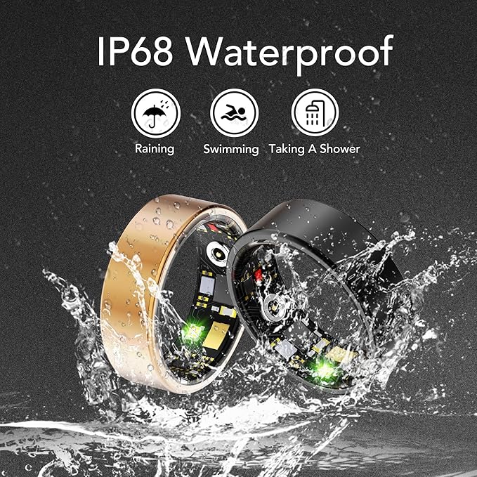 Smart Health Ring for Women Men Fitness Tracker with Heart Rate, Blood Oxygen, Blood Pressure, Sleep Monitoring, Step Counting, IP68 Waterproof for iPhone and Android, No APP Fee, Gold 12