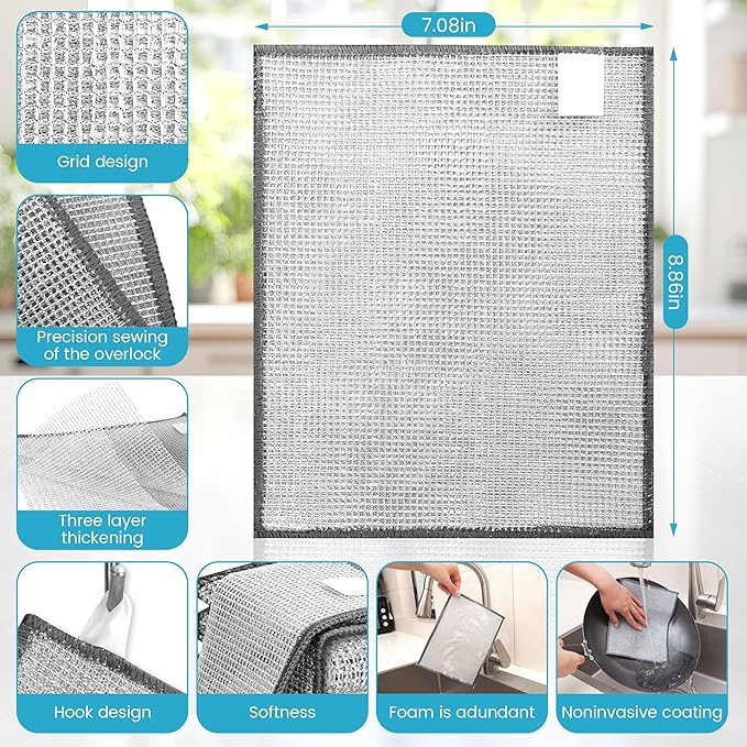 Forggon10 Pcs New Upgrade 3-Layer Metal Dish Cloth, No Scratches and No Odor, Multipurpose Wire Dishwashing Rag for Wet and Dry, Kitchen Cleaning DishRags,Sinks,Dishes,Stove Top, Dimensions(7.08X8.86)