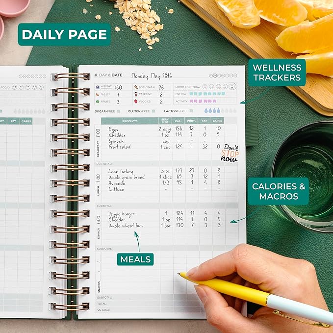 Clever Fox Food Journal Spiral - Daily Food Diary, Meal Prep Planner to Track Calories & Nutrients, Weight Loss Tracker Notebook (Forest Green)