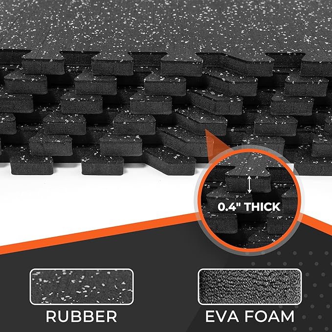 SUPERJARE 0.4'' Thick 24 Pcs 96 Sq Ft Rubber Top Exercise Equipment Mats, High Density EVA Foam Mats with Rubber Top, Interlocking Gym Flooring for Home Gym, Protective Workout Mat, Black/Grey