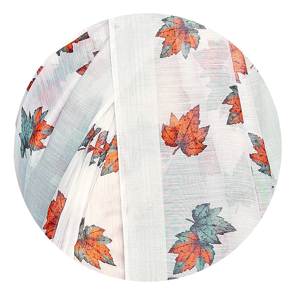 Women's White Cotton Blend Saree with Blossom Leaf Print