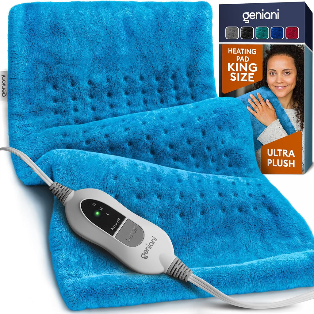 Extra large aqua blue heating pad made of soft microplush fabric for muscle therapy.