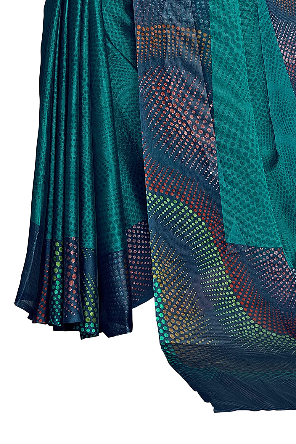 Teal Chiffon Saree with Colorful Moire Print for Festive Wear