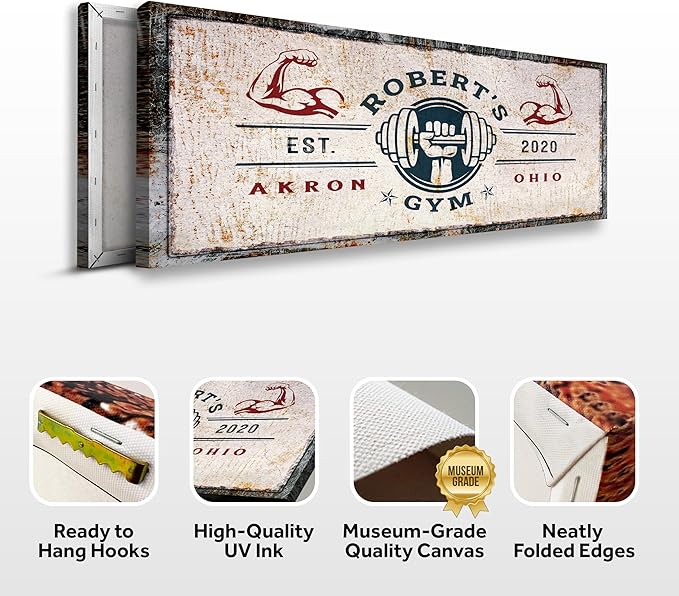 Tailored Canvases Personalized Gym Sign Wall Art Decor - Motivational Canvas for Home Gym, Workout Room, Garage, Fitness Center - Workout Inspirational Posters - One Hand with Dumbbell on Rustic, 36x12in