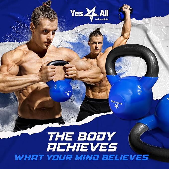 Yes4All 5-100 LB Kettlebells Vinyl Coated Cast Iron for Dumbbell Weights Exercises, Gym, Fitness, Full Body Workout Equipment Push up, Grip and Strength Training