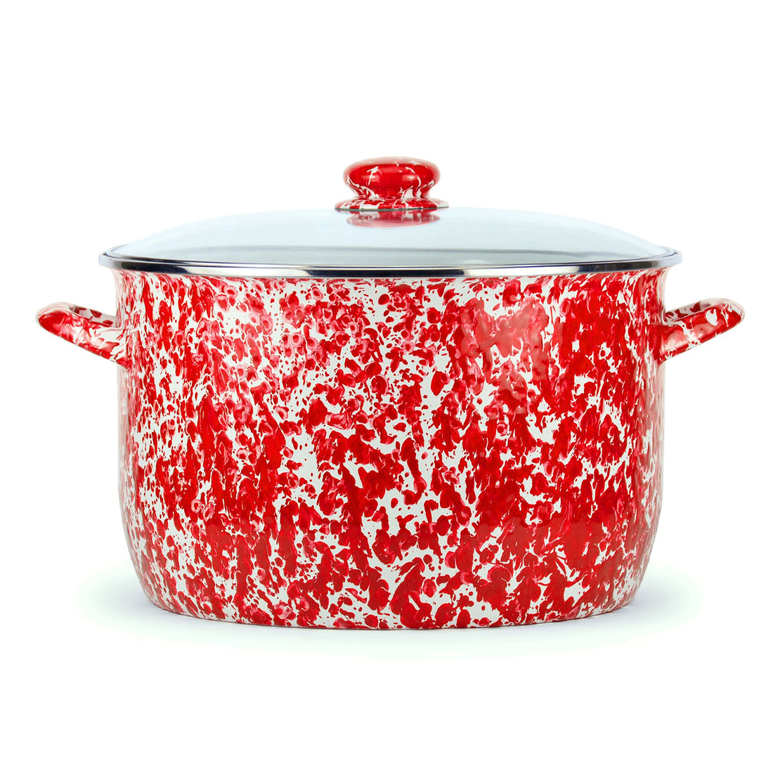 18 quart enamelware stock pot with stainless steel trim and hand-dipped finish.