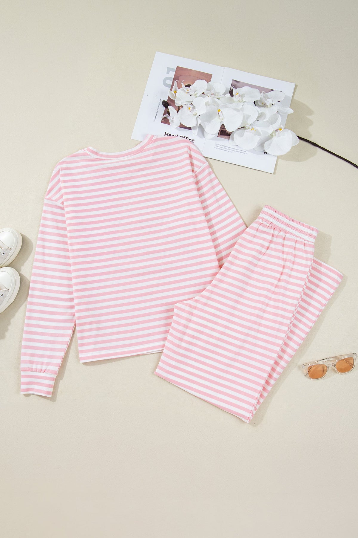 Stripe Drop Shoulder Top & Buttoned Pants Set