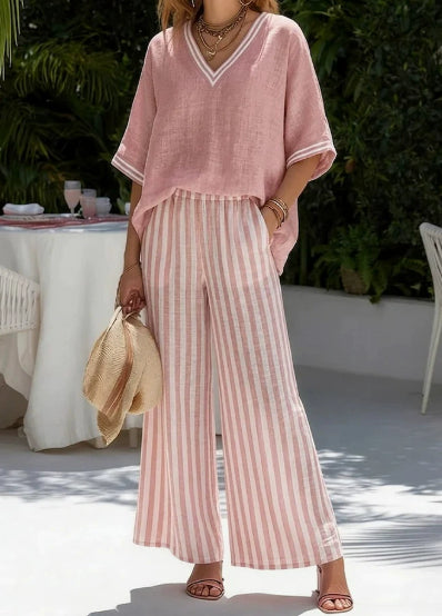 Women V-Neck Tunic Top and Wide Leg Striped Trouser Set - Image 10
