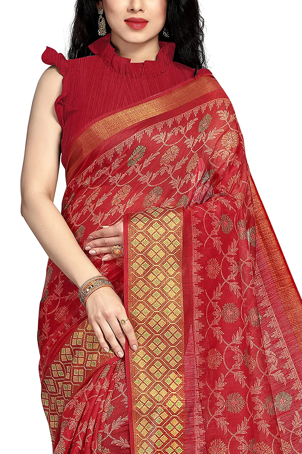 Women's Red and Yellow Kalamkari Printed Cotton Blend Saree