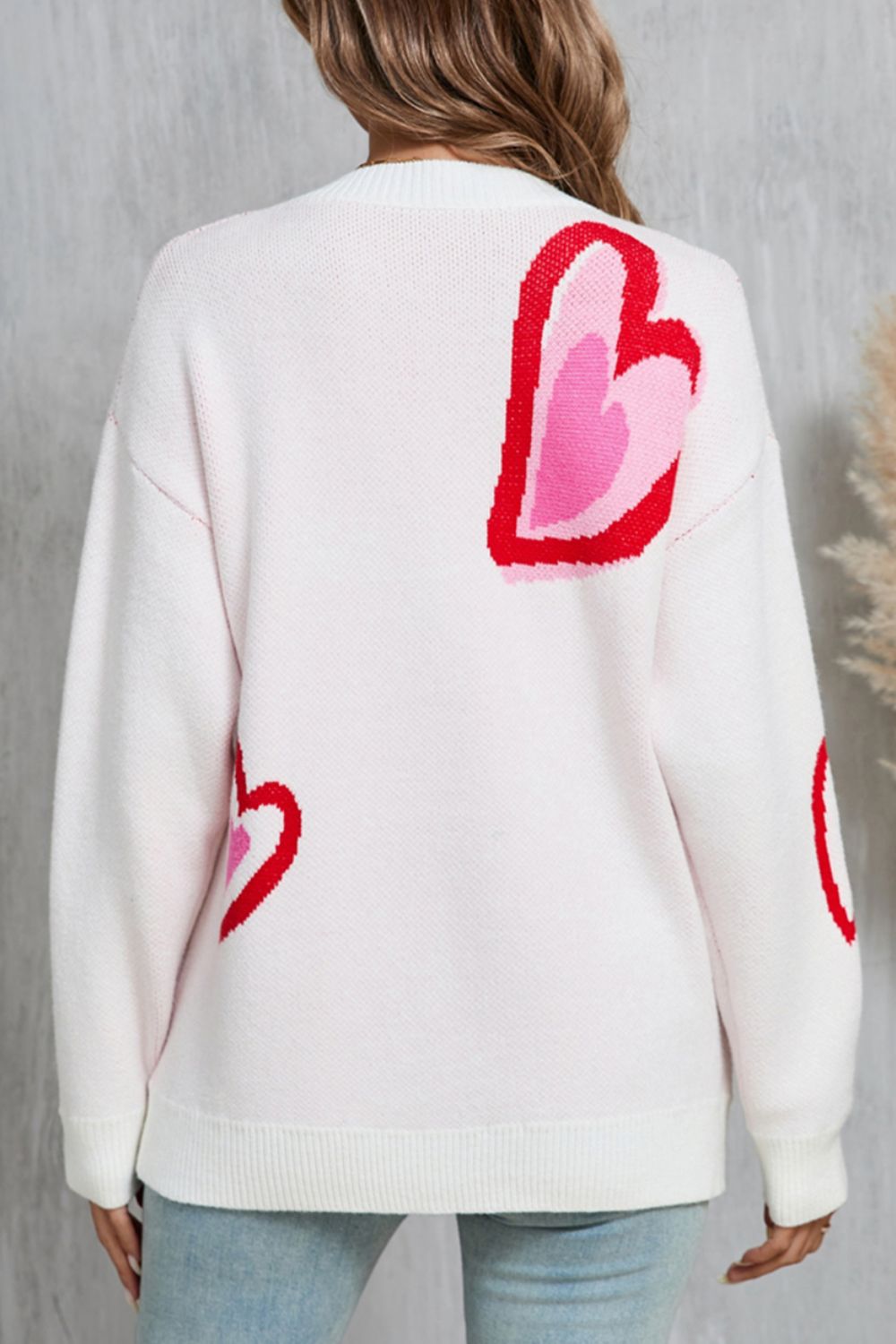 White Pink and Red Heart Print Long Sleeve Crew Neck Sweater - Image 4