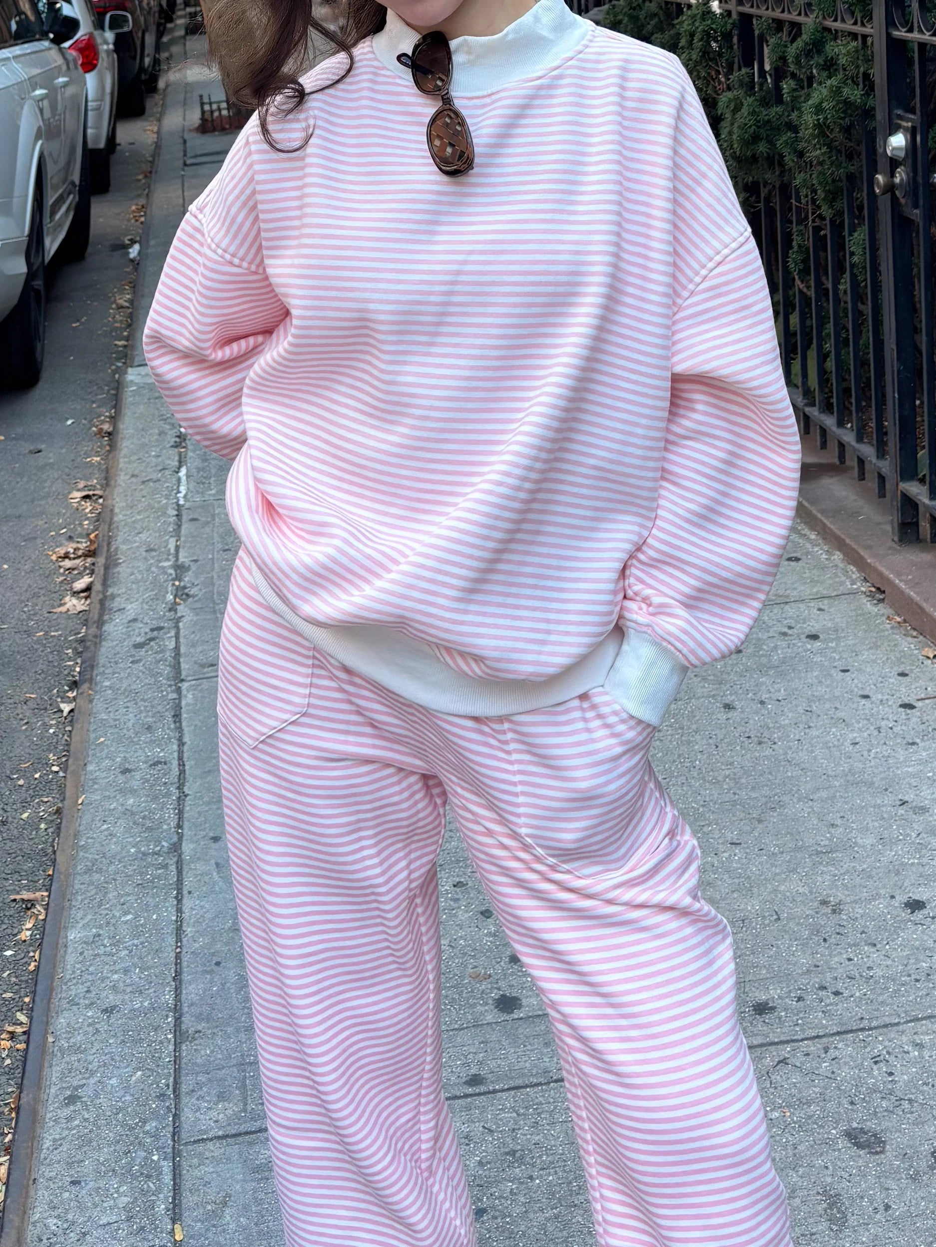 Light Pink and White Striped Unisex Sweatpants Lounge Bottoms