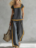 Women’s Square Neck Short Sleeve Two Piece Pants Set with Trim - Image 5