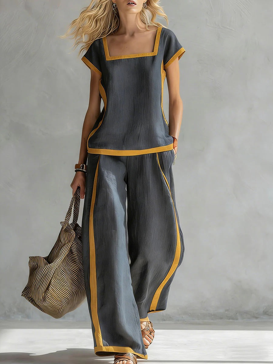 Women’s Square Neck Short Sleeve Two Piece Pants Set with Trim - Image 5