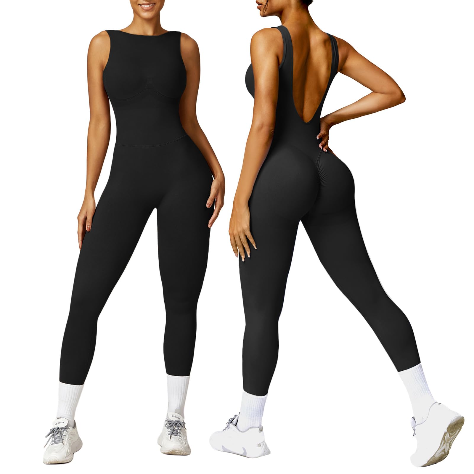 OEAK Womens Sleeveless Jumpsuits Crew Neck Unitards Scrunch Butt Tummy Control Bodycon Full Length Seamless Workout Romper Black XL