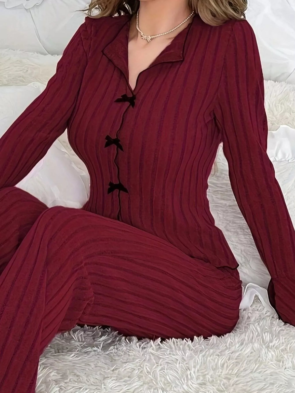 Ribbed Bow Front Top and Pants Lounge Set