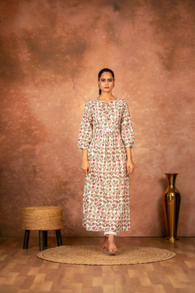Red Floral Hand Block Printed Cotton Kurta Pant Set