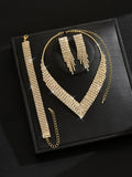 Women 3 Pcs Gold Tone V Shape Tassel Rhinestone Jewelry Set,Necklace Dangle Earrings Bracelet,Glam Bridal Costume Accessories For Wedding Banquet Party Occasion