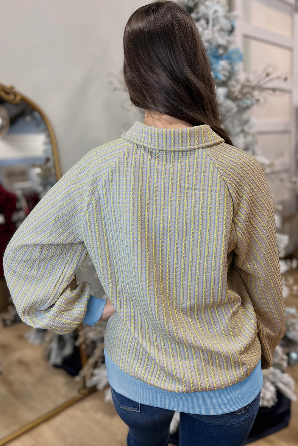 Beau Blue Button Front Jacquard Henley Sweatshirt